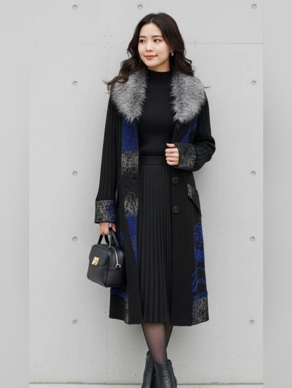 Papillon Art-to-Wear Embroidered Knit Sweater Coat with Faux Fur Collar, Size M